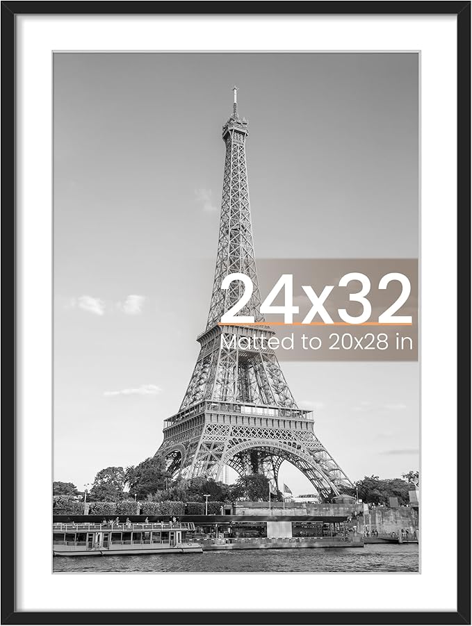 upsimples 24x32 Poster Frame, Display Pictures 20x28 with Mat or 24 x 32 Without, Wall Hanging Picture Frames, Black, 1 Pack