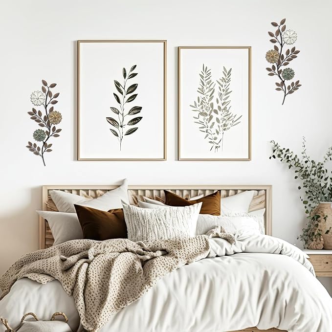 MorningRo 2 Pcs Metal Flower Leaves Wall Art Spring Wall Decor Living Room, 15.75 Inch Vintage Rustic Branch Leaf Wrought Iron Scroll Art Decor for Spring Bedroom Indoor Outdoor Decorations(Brown)