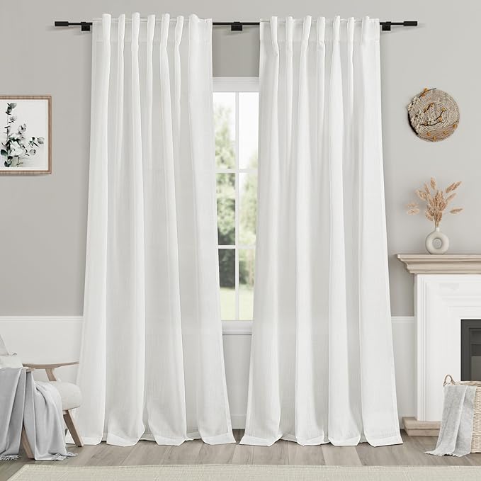 Off White Semi Sheer Linen Curtains 90 inch Length for Living Room Back Tab Rod Pocket Modern Farmhouse Coastal Decor White Cotton Textured Gauze Curtains 90 inches Long for Dining Room Office