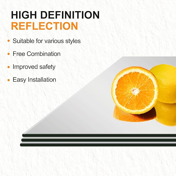 Delma Frameless Mirror Tiles 12"x10"x4 Pcs Wall Mounted, Shatter Resistant Full Length Tempered Glass Panels for Home Gym Bathroom Bedroom & Living Room Decor