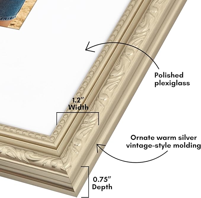 Americanflat 16x20 Picture Frame with Polished Plexiglass - Use as 11x14 Frame with Mat or Display 16x20 Photo Without Mat - Ornate Picture Frames for Wall Display - Silver