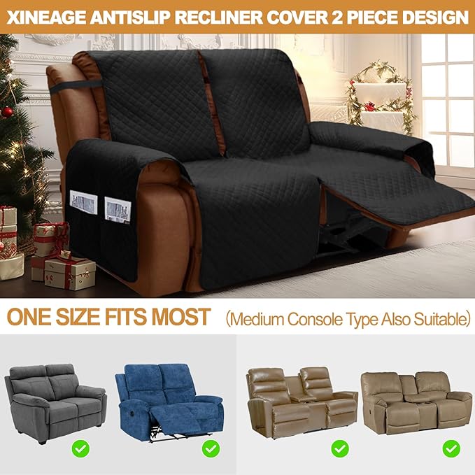 XINEAGE Water Resistant Recliner Cover, 2 Seat Loveseat Covers with Pockets, Quilted Thick Protector Cover for Dog Pets with Non Slip Backing and Strap (Loveseat, Black)
