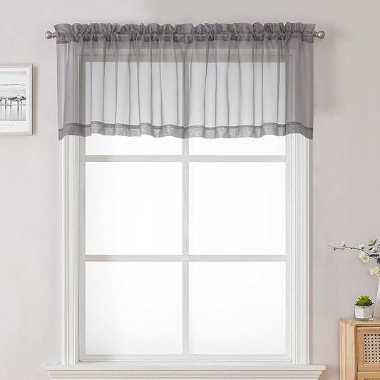 Lecloud Charcoal Grey Sheer Valances for Windows 18 Inch Length 2 Pcs, Cafe Kitchen Curtains for Bedroom Living Room, Short Curtains for Small Windows with Dual Rod Pocket Home Decor, 42" W x 18" L