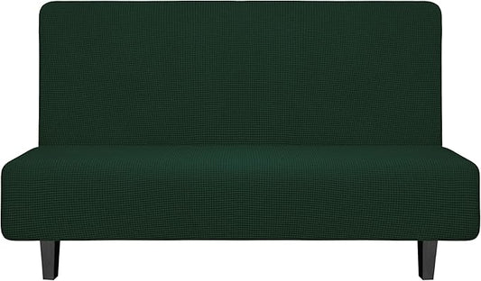 Easy-Going Stretch Futon Slipcover Armless Futon Bed Cover Furniture Protector Without Armrests with Elastic Bottom for Kids, Soft Jacquard Fabric Small Checks (Medium, Dark Green)