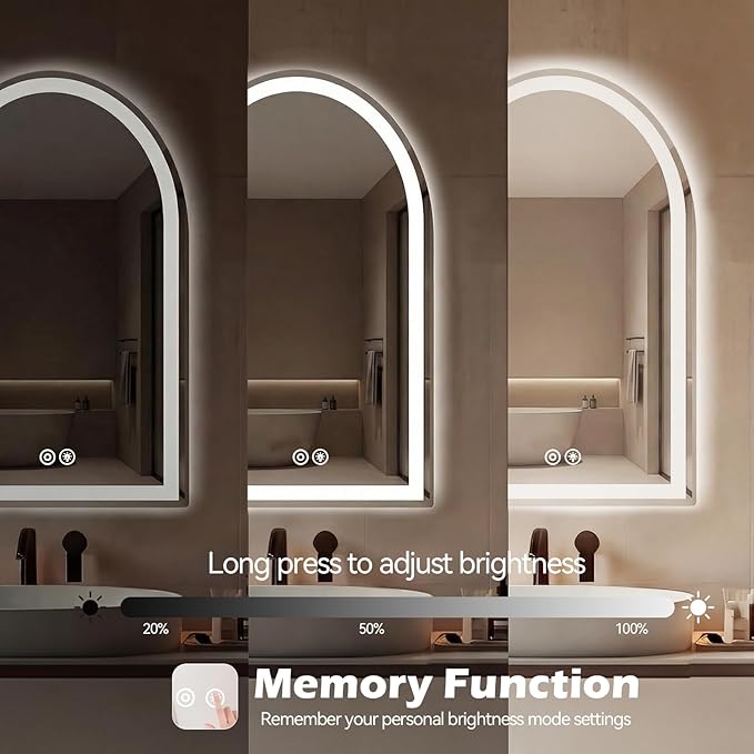 Sweetcrispy 20“×28” LED Bathroom Backlit Mirror with Lights, Arched Vanity Mirror with Anti-Fog, Dimmable, 3-Color Light, Memory Function, Tempered Glass