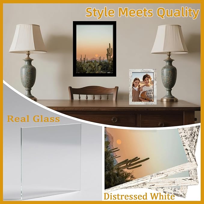 BESCRCL 15 Pack Real Glass Picture Frames Collage Wall Decor, Including 3pcs 8x10, 6pcs 5x7, 6pcs 4x6 Photo Frames for Gallery Wall or Tabletop Display, Distressed White