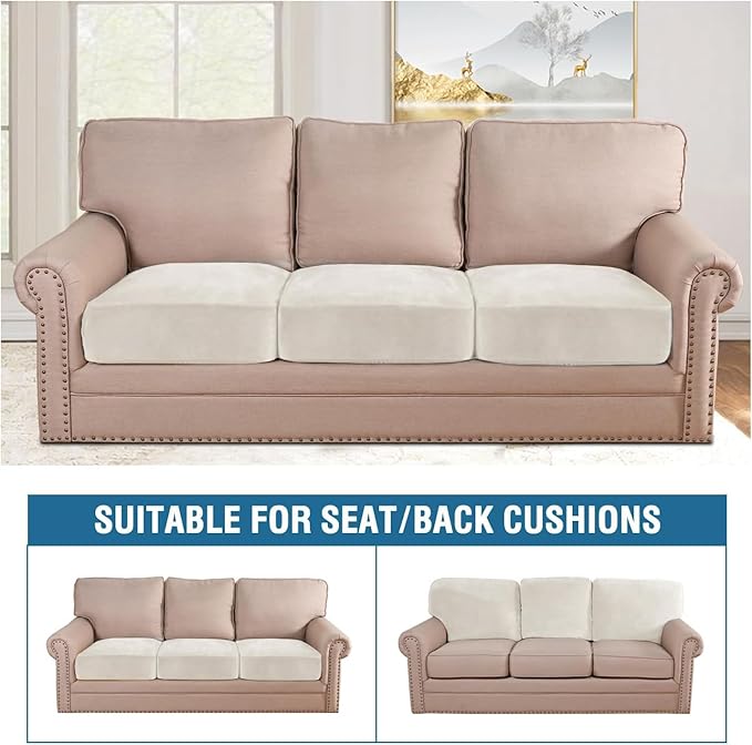 H.VERSAILTEX Velvet Stretch Couch Cushion Cover Plush Cushion Slipcover for Chair Loveseat Sofa Cushion Furniture Protector Seat Cushion Sofa Cover (3 Piece XL Sofa Cushion Covers, Porcelain White)