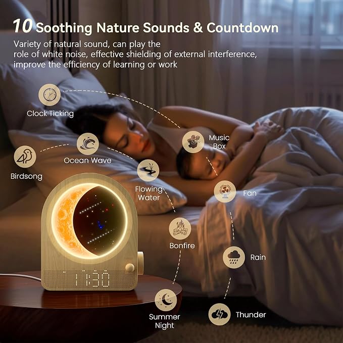 blonbar Sunrise Alarm Clocks for Bedrooms, Stepless Dimmable Moon Lamp Dual Alarm Clock with 12Levels Volume for Heavy Sleepers, 10 Natural Sounds with 30/60/90mins Timer, Gifts for Women - Image 8