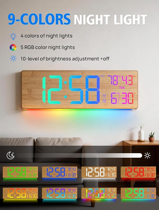 2026 Upgrade 18.5" Large Digital Wall Clock with Remote Control, Big LED Display Digital Clocks with Night Light, Alarm, Countdown, DST, Temp for Parlor, Bedroom, Office, Gifts for Seniors(Light Wood)