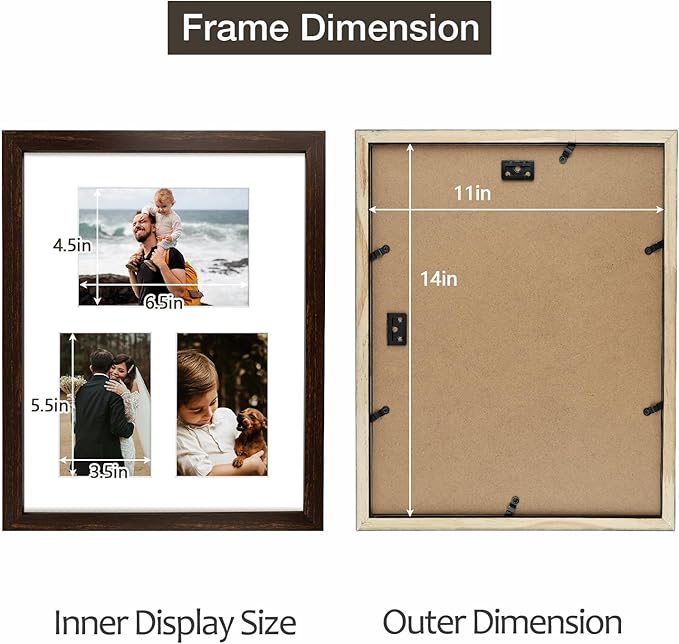 11x14 Dark Brown Wood Picture Frame - White Mat for 5x7 and 4x6 Photos - Real Glass, Sawtooth Hanger, Swivel Tabs - Wall Mounting - Great for Posters, Weddings, and Engagements