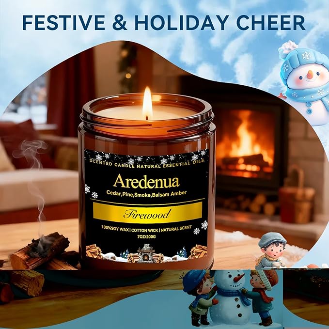 Firewood Scented Candle | Smoky Wood Scent 7oz Soy Candles for Home Cozy Scented, Holiday Aromatherapy Candles | Candle Gifts for Women Men - 50H Clean & Long Lasting Burn