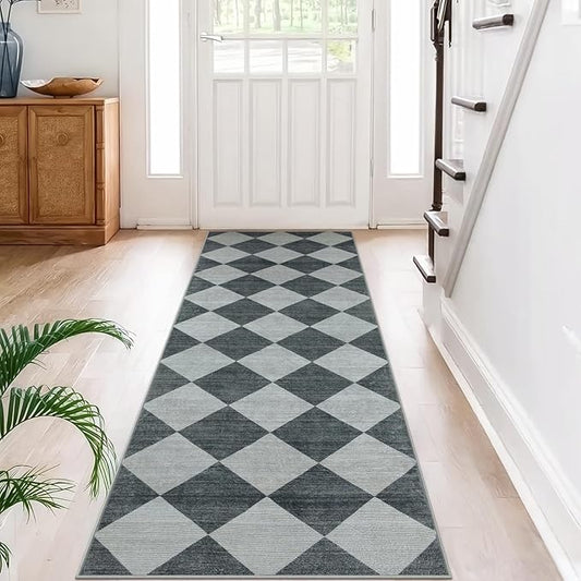Beeiva Checkered Print Hallway Runner Rug 2.5x8, Ultra Thin Kitchen Runner Rugs Non Skid Washable 8ft, Moroccan Plaid Design Floor Carpet for Entryway Bedroom Bedroom, Gingham Geometric Home Decor