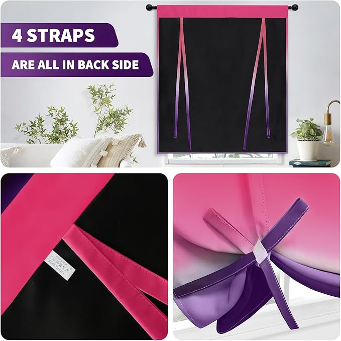 COSVIYA 100% Blackout Purple and Pink Adjustable Tie Up Curtains for Kitchen Thermal Insulated Room Darkening Valance Rod Pocket Balloon Roman Shade for Small Window,48" L x 34" W, 1 Panel