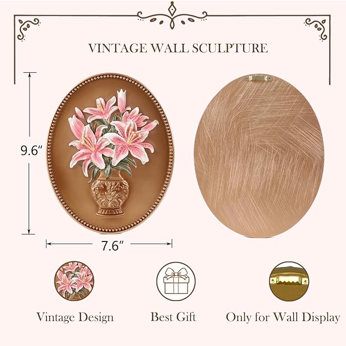 SIKOO Vintage Wall Sculptures Bronze Gold Lily Wall Art Hand Painted Ornate Wall Hanging Decoration Antique Pediment Wall Statue Ornament Decor Gallery for Kitchen Bedroom Living Room