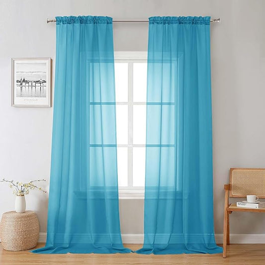 Lecloud Turquoise Sheer Curtains 96 Inches Long 2 Panels, Elegant Gauzy Airy Light Filtering Curtain, Voile Home Decor Drapes with Dual Rod Pocket for Bedroom Living Room, Each 42" W x 96" L