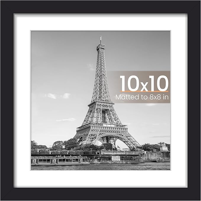 upsimples 10x10 Picture Frame, Display Pictures 8x8 with Mat or 10 x 10 Without, Wall Hanging Square Frames, Black, 1 Pack