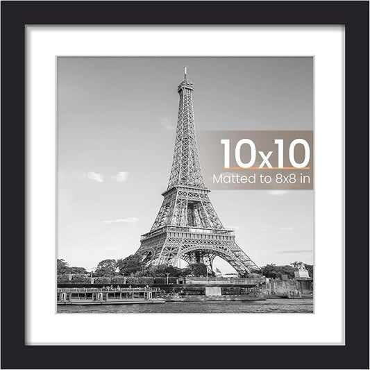 upsimples 10x10 Picture Frame, Display Pictures 8x8 with Mat or 10 x 10 Without, Wall Hanging Square Frames, Black, 1 Pack
