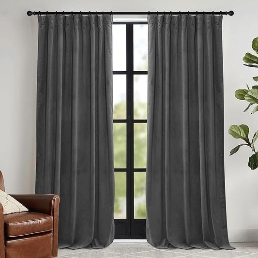 RYB HOME Grey Velvet Curtains 84 inches - Super Soft Blackout Curtains Thermal Insulated Drapes Heat Block Window Panels for Living Room Bedroom Studio, Wide 52 x Long 84, Grey, 2 Panels