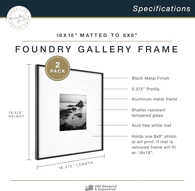 MCS Master & Co. Foundry Metal 18x18 Matted Picture Frame with 8x8 Photo Display, Black Vertical & Horizontal Wall Hanging Frame for Photos & Artwork (2-Pack)