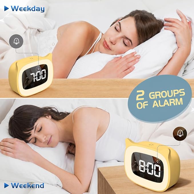 Cute Cat Ear Alarm Clock with Night Light for Bedroom,Yellow - Image 5