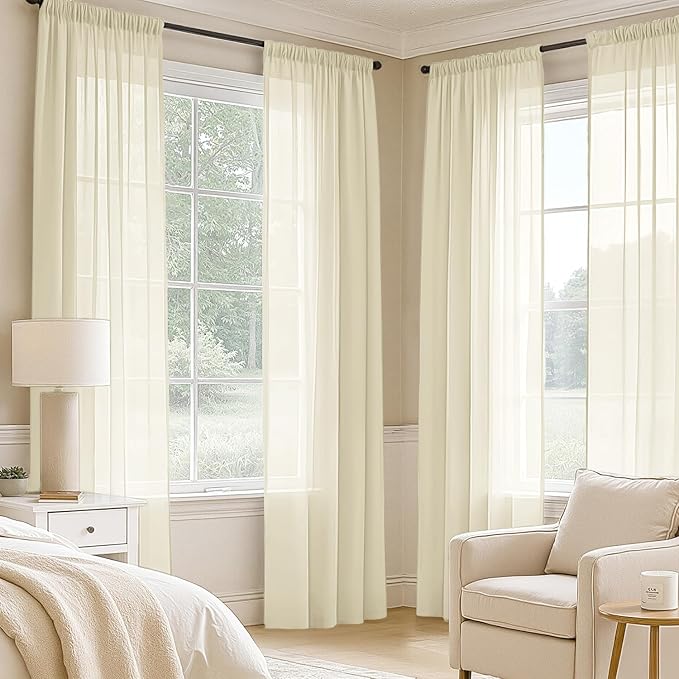 MIULEE Light Cream Sheer Curtains 108 Inches Long, 4 Panels Set, Light Filtering Rod Pocket Voile Drapes for Living Room and Bedroom, Airy Soft Fabric Window Treatments, 42 x 108 Inches