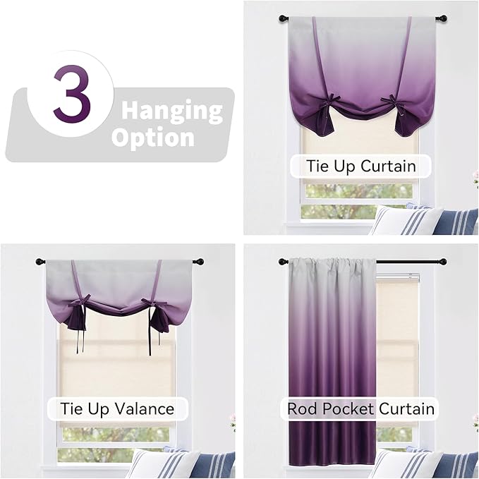 COSVIYA 100% Blackout Ombre Purple Adjustable Tie Up Curtains for Kitchen Thermal Insulated Room Darkening Valance Rod Pocket Balloon Roman Shade for Small Window,48" L x 34" W, 1 Panel