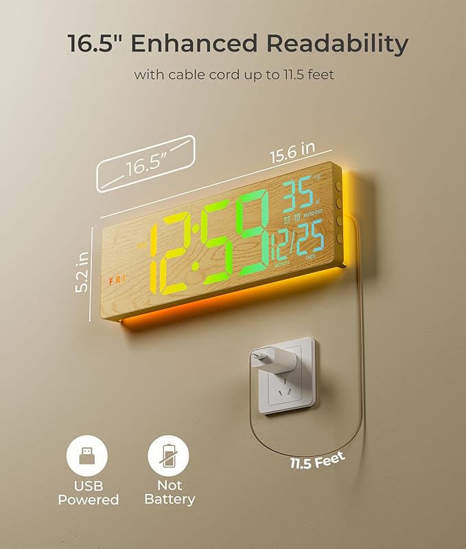 16.5" Large Digital Wall Clock with BT Sync, Wood Grain Clock with 11 RGB Light Scenes, Remote Control, Dual Alarms with Big LED Display, Auto DST, Temperature for Classroom Gaming