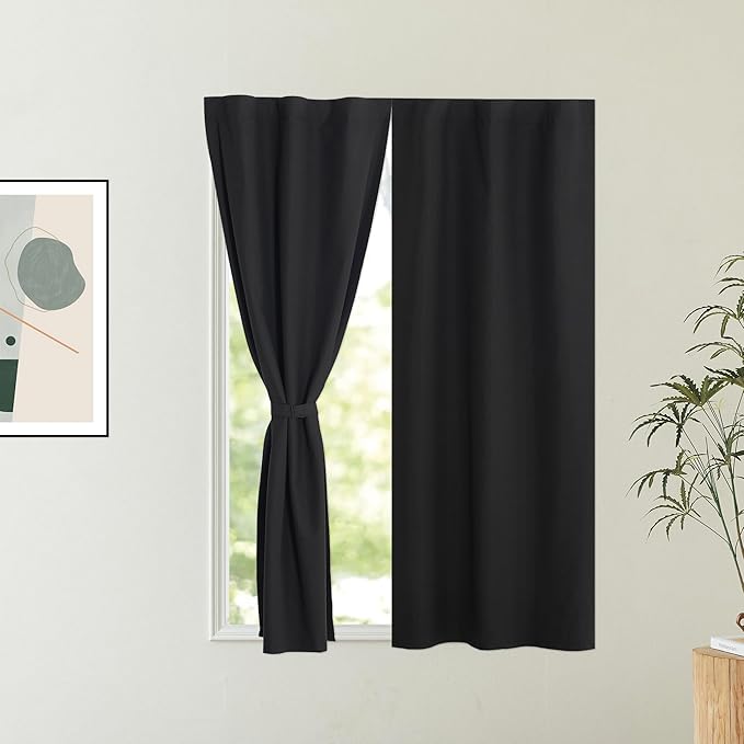 NICETOWN 100% Blackout French Door Curtains, Privacy Curtains for Patio Galss Door, 30 X 72 Inch No Drill Thermal Insualted Curtains, Window Covering for Cordless Blinds, (1 Panel, Black)