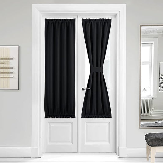 NICETOWN French Door Curtains 64 inch Length - Dual Rod Pocket Blackout Classroom Door Curtain for Privacy Window Drapery Including Bonus Adjustable Tieback, 36 x 64 inches, Black, 1 Panel