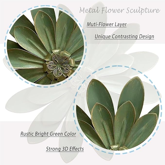 Novbvia Metal Flower Wall Sculpture, 12" Rustic Modern Floral Artwork, Distressed 3D Layered Iron Flower Wall Hanging Accent for Indoor/Outdoor, Kitchen,Living Room Office Garden Decor (Green)