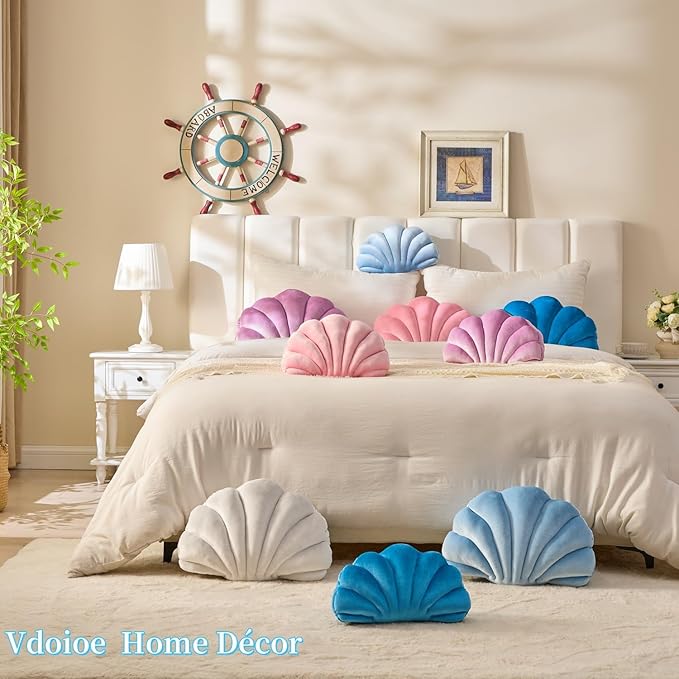 Shell Pillow，Seashell Decorative Pillow White Seashell Shaped Throw Pillows Decorative Coastal Throw Pillows Beachy Room Decor Cute Throw Pillows for Couch Bed Home Decor