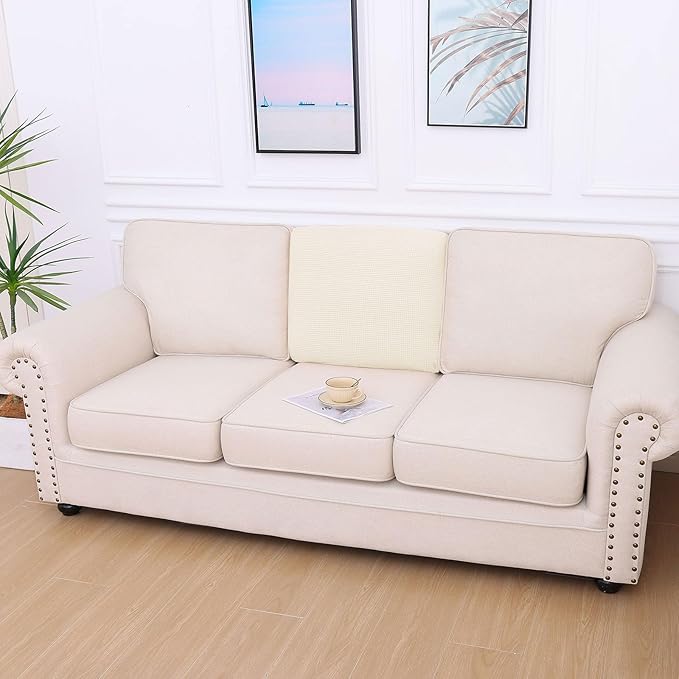hyha Waterproof Couch Cushion Covers for Pets, Non Slip Sofa Seat Cover for Dogs Washable, Soft Thick Stretch Jacquard Fabric, Sofa Slipcovers with Elastic Bottom (1 Piece for Backrest M, Light Beige)