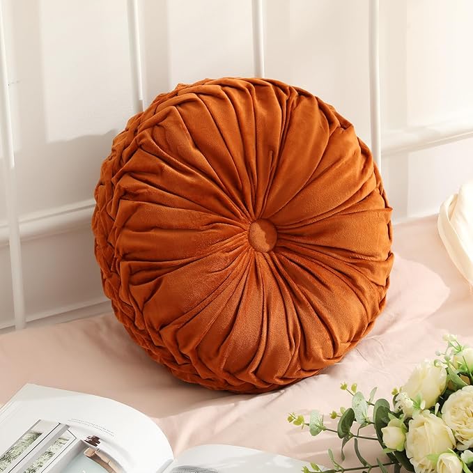 Drydiet 1 Pcs Round Throw Velvet Pillows Decorative Pleated Throw Pillows 15'' Diameter Accent Pumpkin Boho Chair Cushion for Couch Sofa Home Decoration (Brunt Orange)