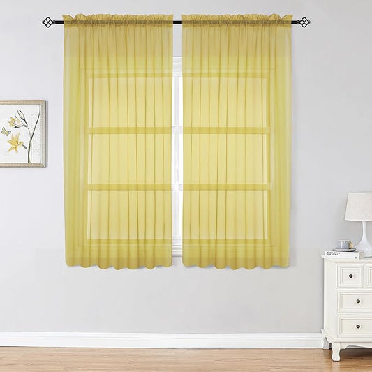 OWENIE Sheer Curtains 63 inch Length 2 Panels Set, Ivory Sheer Cutains Short Curtains for Bedroom/Living Room, Rod Pocket Voile Fimly Sheer Drapes, 2pcs, Each 42" W x 63" L