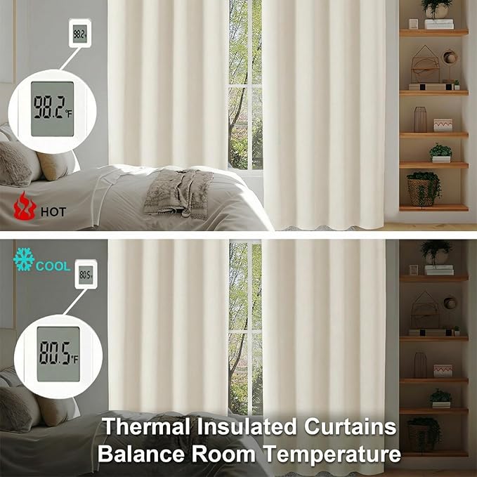 Simplebrand Ava Light Beige Light Filtering Curtains for Bedroom 96 Inches Long 2 Panels, Solid Thermal Insulated, Energy Saving Nursery Window Treatment Drapes, W40 x L96 Inch, Light Beige
