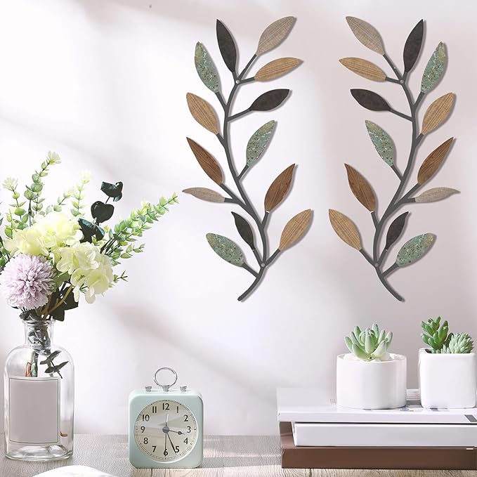 Zhengmy 2 Pieces Metal Tree Leaf Wall Decor Vine Olive Branch Leaf Wall Art Living Room, Hallway Wall Decor Outdoor Decoration(Classic Color)