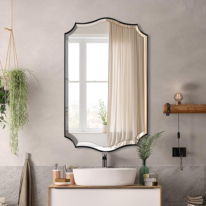 POZINO Rectangle Beveled Mirrors, 24"x40" Modern Vanity Mirror for Over Sink, Matte Black Scalloped Mirrors for Wall, Irregular Wavy Shaped Mirror for Bathroom Living Room Bedroom Fireplace Entryway