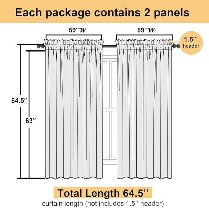 Lecloud Black Sheer Curtains 63 Inch Length 2 Panels, Voile Light Filtering Living Room Curtains for Bedroom, Rod Pockets Solid Soft Drapes for Bathroom Home Office, Each Panel 59" W x 63" L