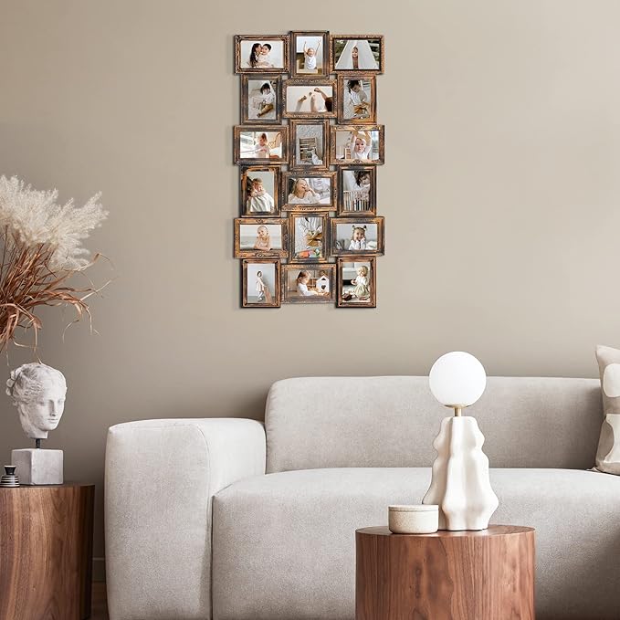 HELLO LAURA - 4x6 Picture Frame Collage With 18 Openings for Wall - Large Photo Frame Collage Wall Decor for Living Room Bedroom - Rusted Gold