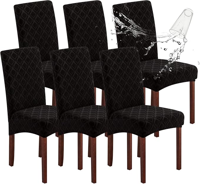 Genina Waterproof Chair Covers for Dining Room, Stretch Jacquard Dining Chair Slipcovers Removable Washable Chair Protector for Kitchen, Hotel, Restaurant (Jacquard-Black, 6 PCS)