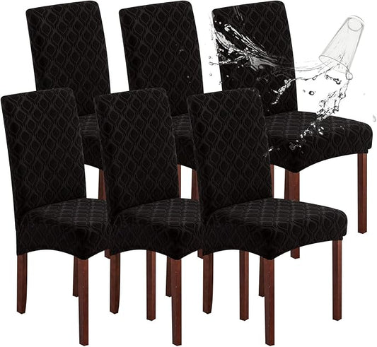 Genina Waterproof Chair Covers for Dining Room, Stretch Jacquard Dining Chair Slipcovers Removable Washable Chair Protector for Kitchen, Hotel, Restaurant (Jacquard-Black, 6 PCS)