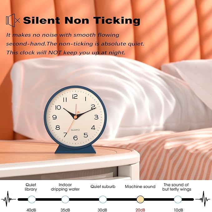AYRELY?? 4.5" Analog Alarm Clock,Small Retro Desk Clock Battery Operated,Slient Metal Table Clock with Light for Living Room Decor,Bedroom,Bedside,Shelf (Blue)