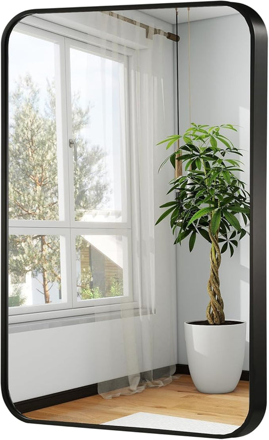 16x24 Inch Black Wall Mirror for Bathroom, Brushed Metal Framed Mirror with Rounded Corner, Rectangle Bathroom Vanity Mirror for Bedroom or Living Room, Horizontal/Vertical
