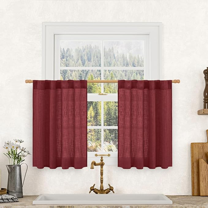 LAMIT 36 Inch Length Linen Curtains for Small Windows, Semi Sheer Light Filtering Panels Back Tab and Rod Pocket Christmas Decor Drapes for Basement/Kitchen, Burgundy Red, 2 Panels, 34 x 36 Inch