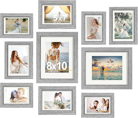 Picture Frames, Made of Real Glass and Wooden Frame, Gallery Photo Frames Set of 10 for Collage Wall Decor, Multi Sizes Including 8x10, 5x7, 4x6 for Mounting or Tabletop Display, Grey