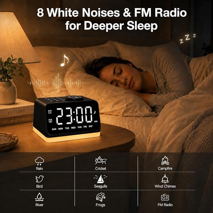 JALL Digital Alarm Clock with FM Radio for Bedroom, 8 Colors Night Light with 2 Charging Port, Sleep Sound Machines with Timer, Dual Alarm, Loud Alarm and Easy to Use for Seniors as Gift - Image 7