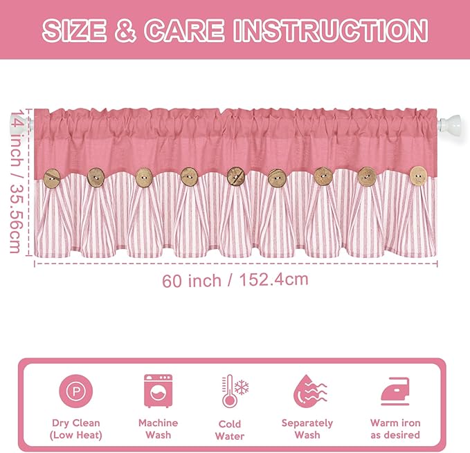 ASPMIZ Farmhouse Cotton Linen Valances for Windows, Boho Kitchen Curtains Valances with Rustic Button, Pink Striped Window Treatments Curtain Valance for Bathroom Cafe, 60 x 14 Inch, 1 Pannel