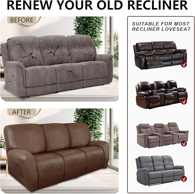 ANARACHON Recliner Couch Cover Leather Look Recliner Sofa Covers for 3 Cushion Reclining Sofa Slipcovers 8-Pieces Furniture Protector Spandex Fabric Washable (3 Seater, 01 Brown)