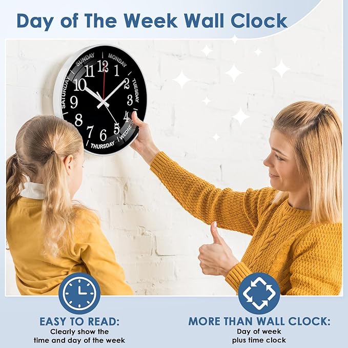 12 Inch Day of Week Wall Clock, Non Ticking Modern Clocks Battery Operated，Analog Day Clock for Seniors Eldly，Classic for Office Home Classroom Bedroom School,Unique Gift Clock