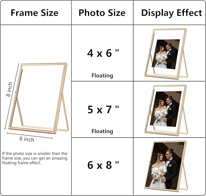 Gold 6??8?€??€?Floating Frame 2-Pack For Photo Sizes(3.5x5''4x6''5x7''),Classy Metal Floating Frame 5x7''Tabletop Shelf Photo Frames for Christmas,Wedding Party,Home or Office D??cor